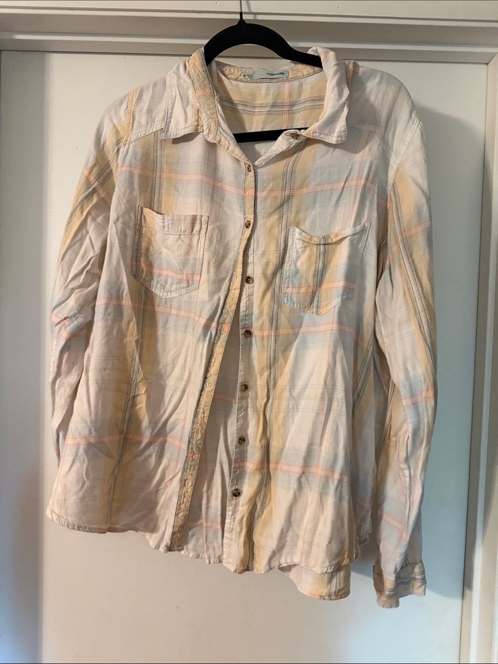 Maurices Cream Plaid Button-Down Shirt with Subtle Yellow and Blue Stripes